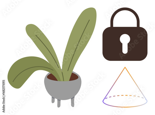 Potted plant, lock, and prism outline visualizing themes thumbs up security, stability, nature, growth, protection, perspective minimalism. Ideal for eco-consciousness safety innovation balance
