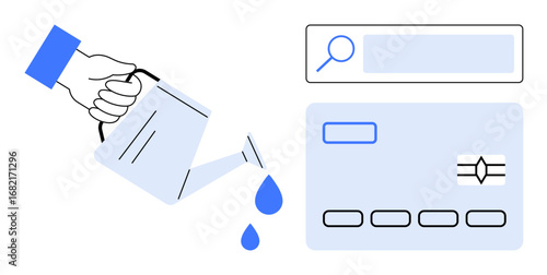 Hand pouring water with drops, credit card, and search bar icons. Ideal for investment, online payment, digital search, financial growth, data strategy, nurturing ideas and a simple landing page