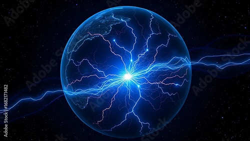 Earth's magnetic field depicted as luminous blue veins, pulsing alongside floating oxygen bubbles.