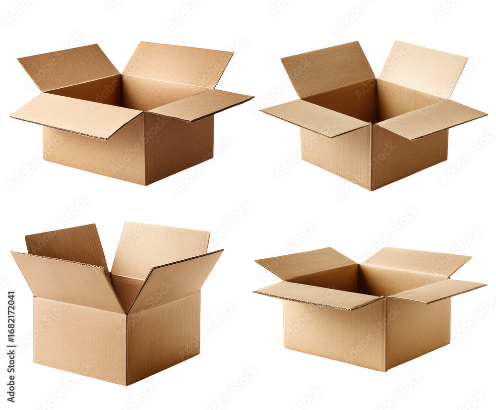 Fototapeta premium Four open cardboard boxes, varying angles