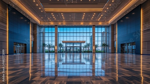 Empty convention center lobby with glass windows and reflective marble floor showing architectural design and space for events