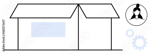 Open box with window, user portrait, and gears highlights creativity, problem-solving, teamwork, and innovation. Ideal for business strategy, technology, production logistics user ideas simple