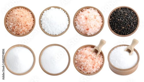 Assorted types of salt and pepper in small bowls