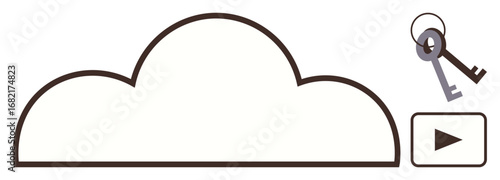 Cloud outline with two keys and a play button highlighting security, access control, media sharing. Ideal for technology, cloud computing, video streaming, data storage, online privacy, file access