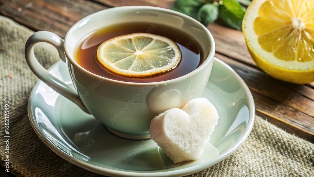 Cup of tea with lemon and heart-shaped sugar cube isolated on white background Cup of tea with lemon and heart-shaped sugar cube isolated on white background