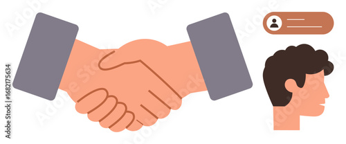 Two hands shaking symbolizing teamwork, agreement, connection, and trust. Nearby, a user profile highlights identification. Ideal for collaboration, business, networking recruitment trust