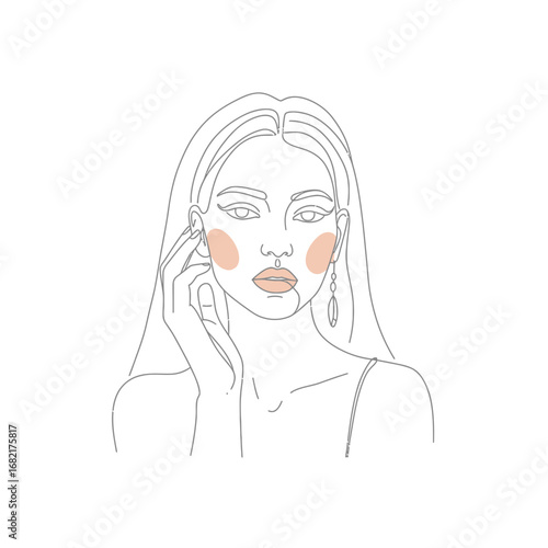 Minimalist Line Art Portrait of a Woman with Blush and Earrings
