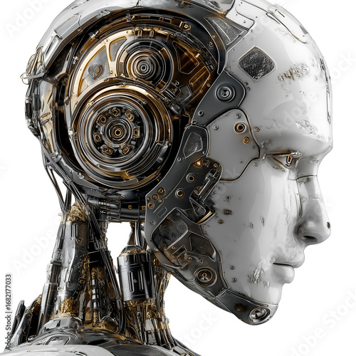 Close up view of a futuristic humanoid robot head with visible internal mechanisms isolated on transparent background