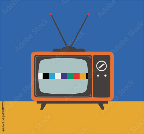 Vibrant vector illustration of a vintage television set with antenna, displaying a classic color test pattern, evoking retro media and broadcast nostalgia