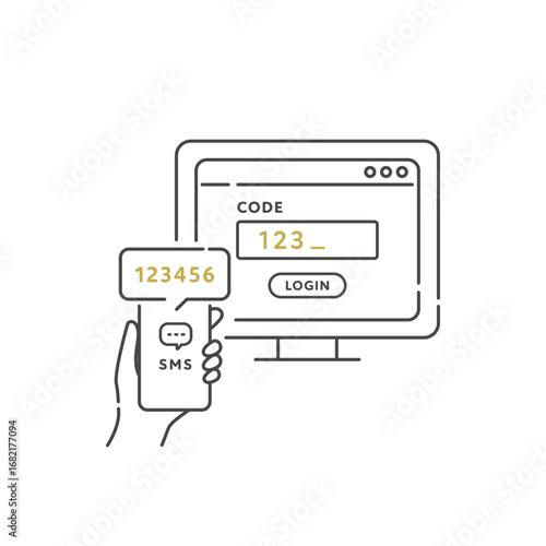 スマホに届いたSMS認証コードを入力してログインするベクターアイコン（2段階認証・線画）