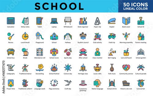 School flat icons set with calculator, sticky notes, tablet, laptop, whiteboard, desk organizer, paper clip, stapler, book cover, school id icon. Simple lineal color vector illustration collection 
