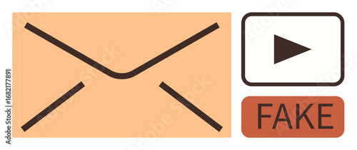 Envelope symbol next to play button and fake tag highlights phishing scams. Ideal for cybersecurity, internet safety, online scam awareness, fraud detection, email threats, social engineering, simple