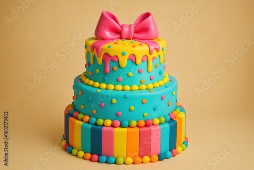 Multi-layered cake with a pink bow on top. 3d isolated illustration on transparent background