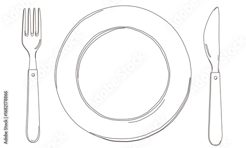Blank plate with fork and knife. Hand drawn Simple line art illustration vector.