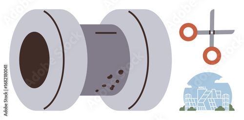 Steel coil symbolizing industrial raw materials, scissors representing manufacturing or transformation, and a mall building concept. Ideal for industry, construction, production, retail, urban