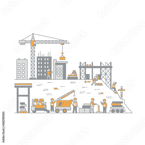 Construction Site Illustration: Urban Development Project with Workers and Cranes