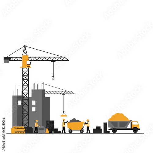 Construction Site Illustration: Workers Building a Modern City Structure
