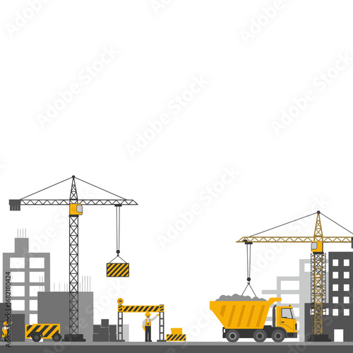 Construction Site with Cranes and Trucks in Urban Setting