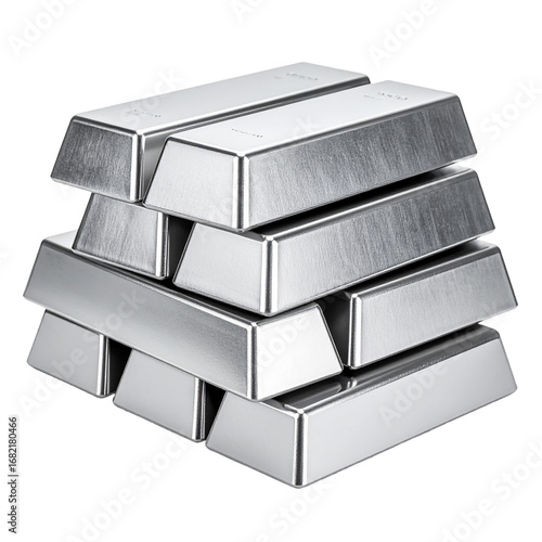 Silver Bars Stacked On Transparent Background Reflecting Metallic Texture and Reflective Light Highlighting Financial Investment and Precious Metals