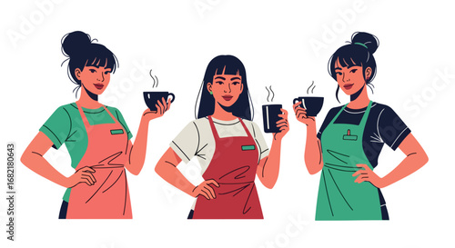 Set of stylish illustrations of barista women in aprons serving hot coffee, representing café culture, hospitality, customer service, and modern coffee shop lifestyle concepts