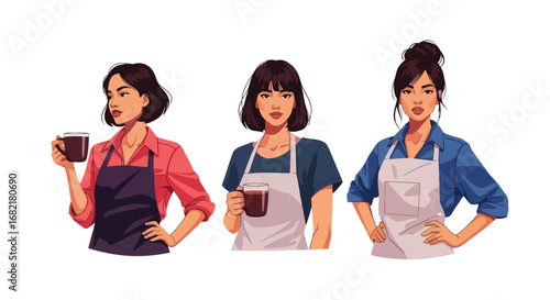 Set of stylish illustrations of barista women in aprons serving hot coffee, representing café culture, hospitality, customer service, and modern coffee shop lifestyle concepts