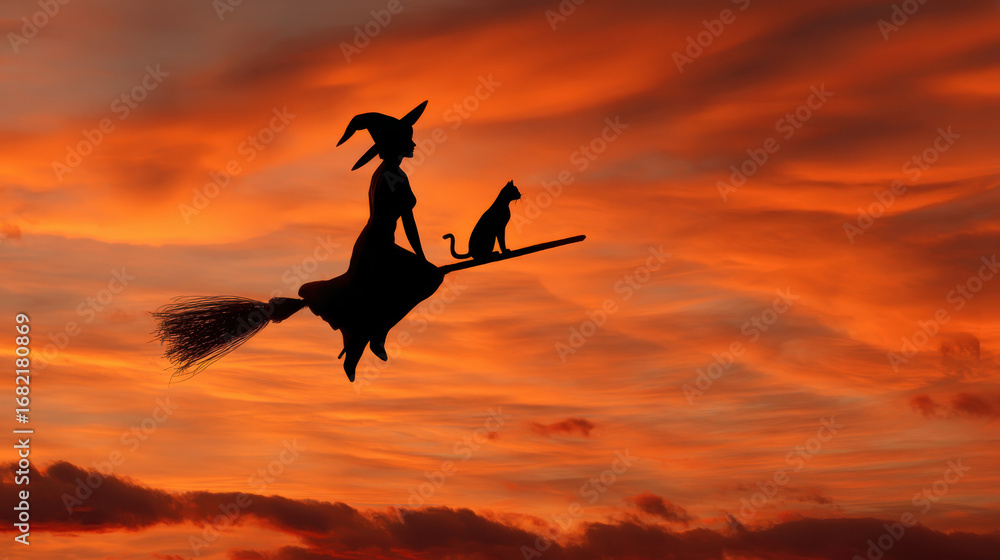 Fototapeta premium Silhouette of a witch wearing a hat flying on a broomstick with a black cat against a dramatic red sunset sky. 