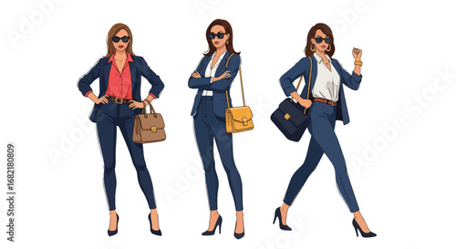 Set of professional fashion illustrations of confident businesswomen in stylish office attire, representing leadership, empowerment, career success, and modern workplace lifestyle concepts