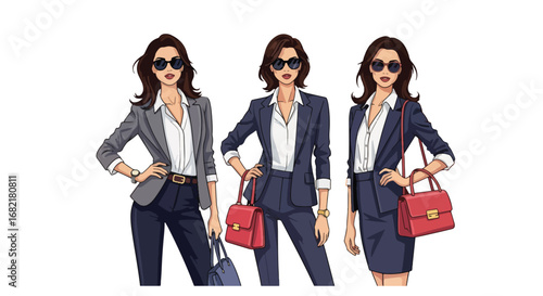 Set of professional fashion illustrations of confident businesswomen in stylish office attire, representing leadership, empowerment, career success, and modern workplace lifestyle concepts