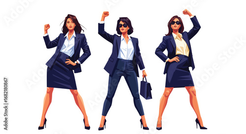 Set of professional fashion illustrations of confident businesswomen in stylish office attire, representing leadership, empowerment, career success, and modern workplace lifestyle concepts