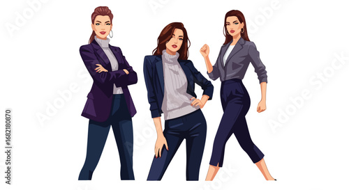 Set of professional fashion illustrations of confident businesswomen in stylish office attire, representing leadership, empowerment, career success, and modern workplace lifestyle concepts