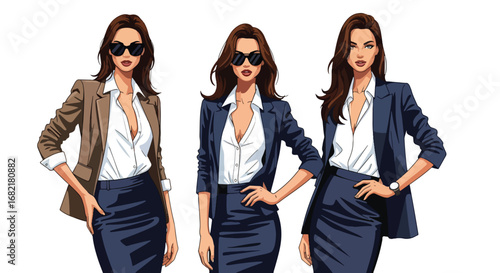 Set of professional fashion illustrations of confident businesswomen in stylish office attire, representing leadership, empowerment, career success, and modern workplace lifestyle concepts