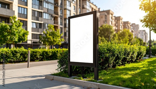 Outdoor Advertisement Mockup in Urban Setting, Modern Real Estate Billboard Space on Green Lawn in Residential Neighborhood
