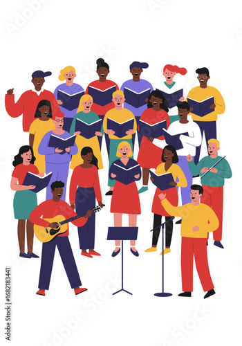 Diverse choir singing with a guitar player perfect for music posters, worship banners, choir events, music websites, and diversity awareness campaigns.