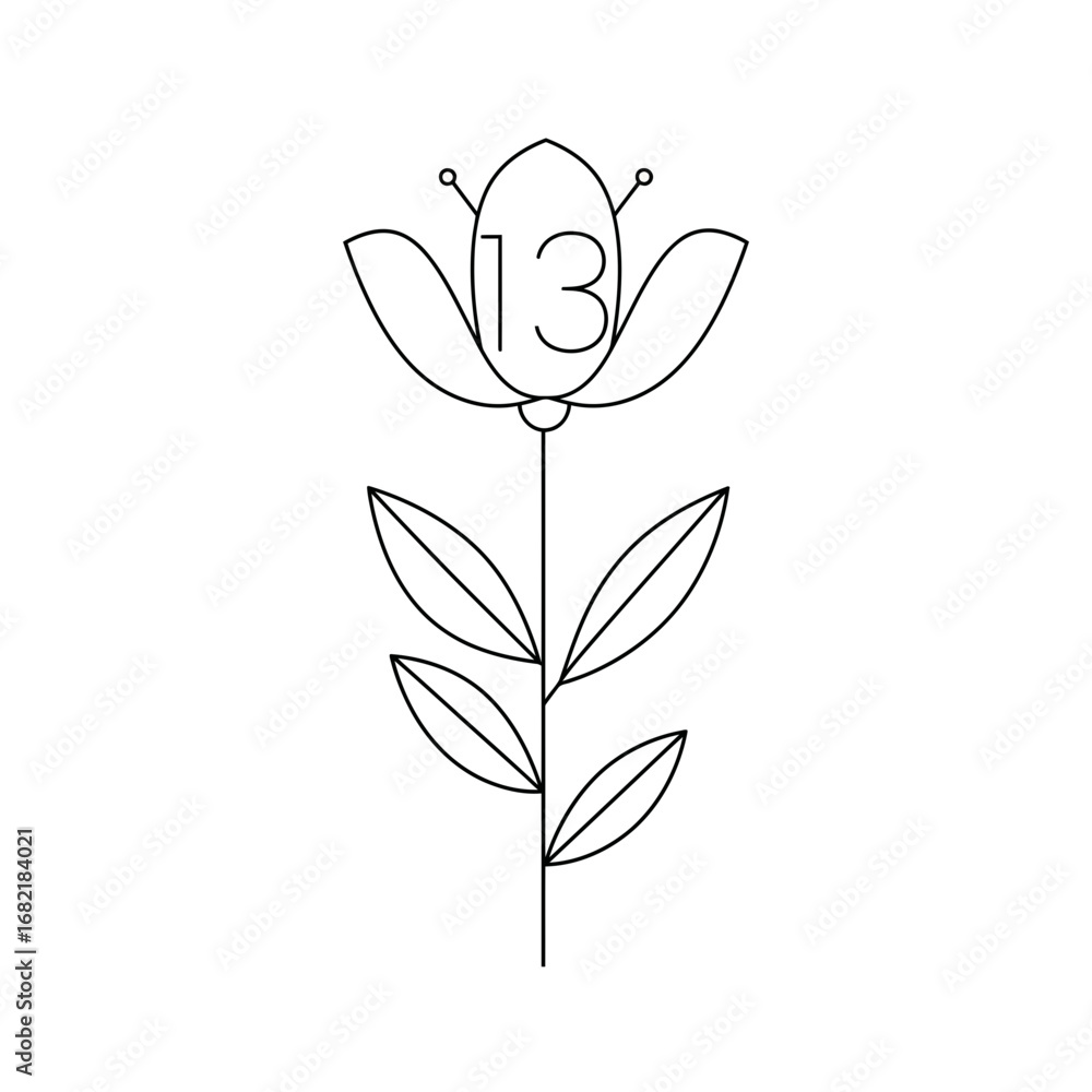 Obraz premium Simple Line Art Flower Illustration with Number Thirteen