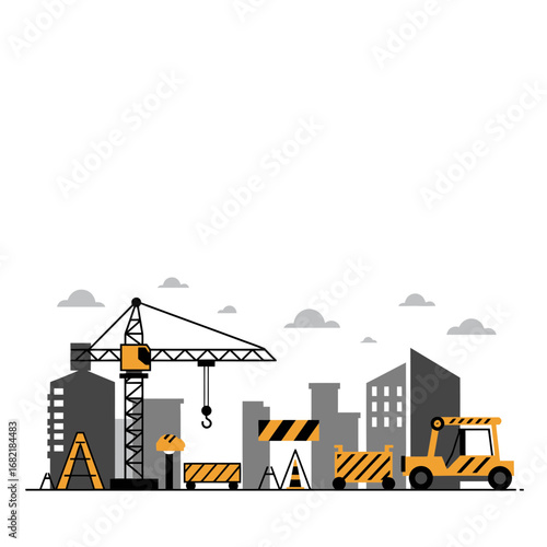 Urban Construction Site Illustration with Crane and Truck