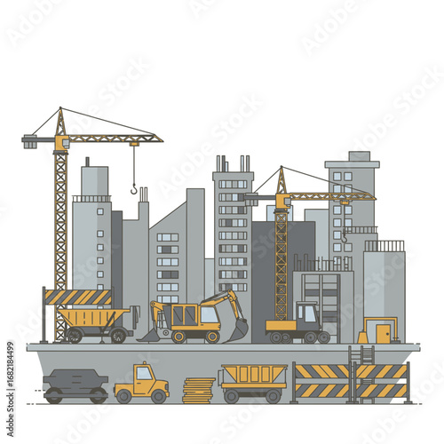 Urban Construction Site with Cranes and Excavators