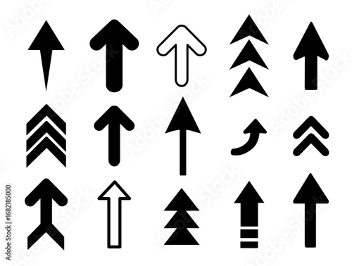 a curated collection of 15 distinct upward-pointing arrow icons, each rendered in a clean, modern style