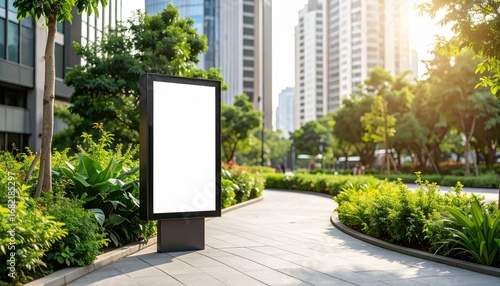 Urban Billboard on a Green City Sidewalk with Modern Buildings, Advertisement Billboard with Copy Space in City Park Landscape