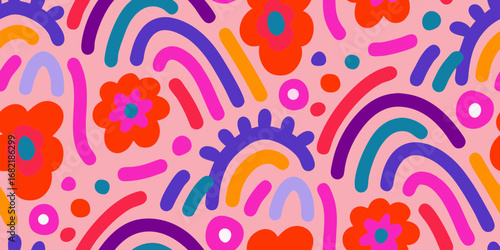 Vibrant retro inspired abstract floral pattern with colorful organic shapes and dots on pink background