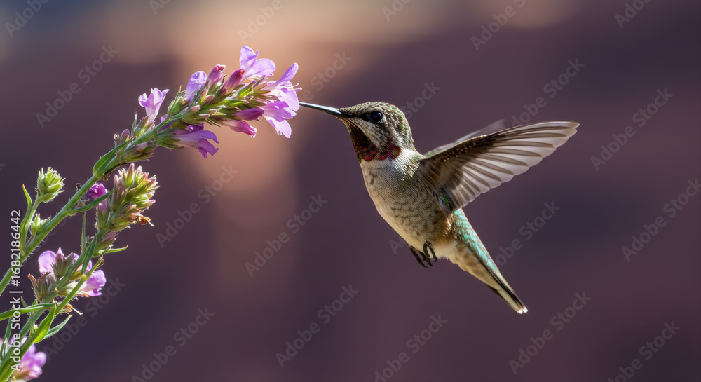 Fototapeta premium Hummingbird near purple flower