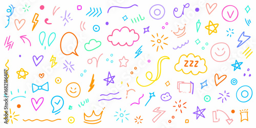 A vibrant collection of hand drawn doodles and icons in bright cheerful colors on a white background