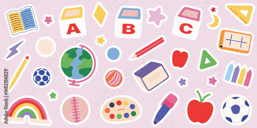 Collection of colorful cartoon school supplies and educational icons on a light pink background