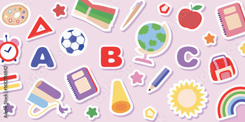 Colorful school supplies and alphabet letters arranged in a playful pattern on a light pink background