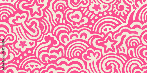 Whimsical pink and cream abstract doodle pattern with hearts and stars