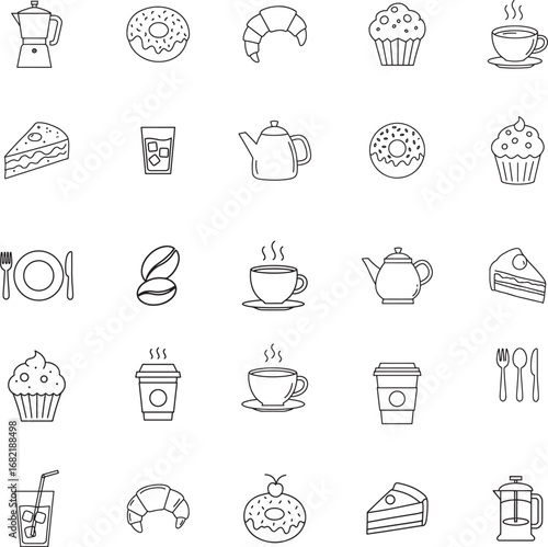 Collection of various food and drink icons in outline style for design projects