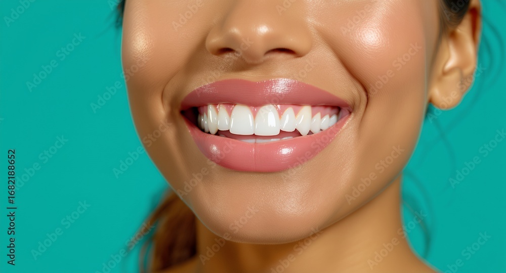 Fototapeta premium Close-up of a bright, healthy smile with pink lipstick against a teal background