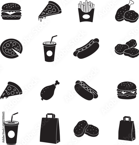 Fast Food Icons Black and White Set