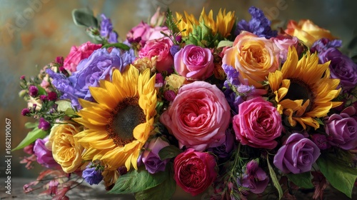 Fototapeta Naklejka Na Ścianę i Meble -  A vibrant floral arrangement of sunflowers and roses in varying hues creating a rich display