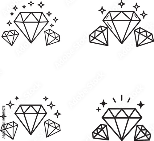 Collection of Diamond Icons with Sparkles in a Simple Black and White Style
