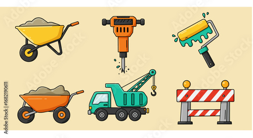 Cartoon style vector illustration of construction site icons, colorful versions of wheelbarrow, paint roller, jackhammer, crane truck, and road barrier